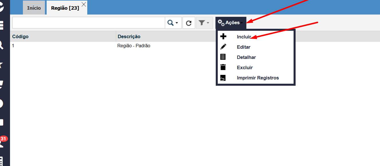 Menu Ações - Incluir nova Região