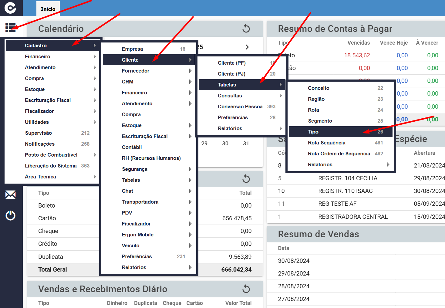 Acesso ao menu Tipo