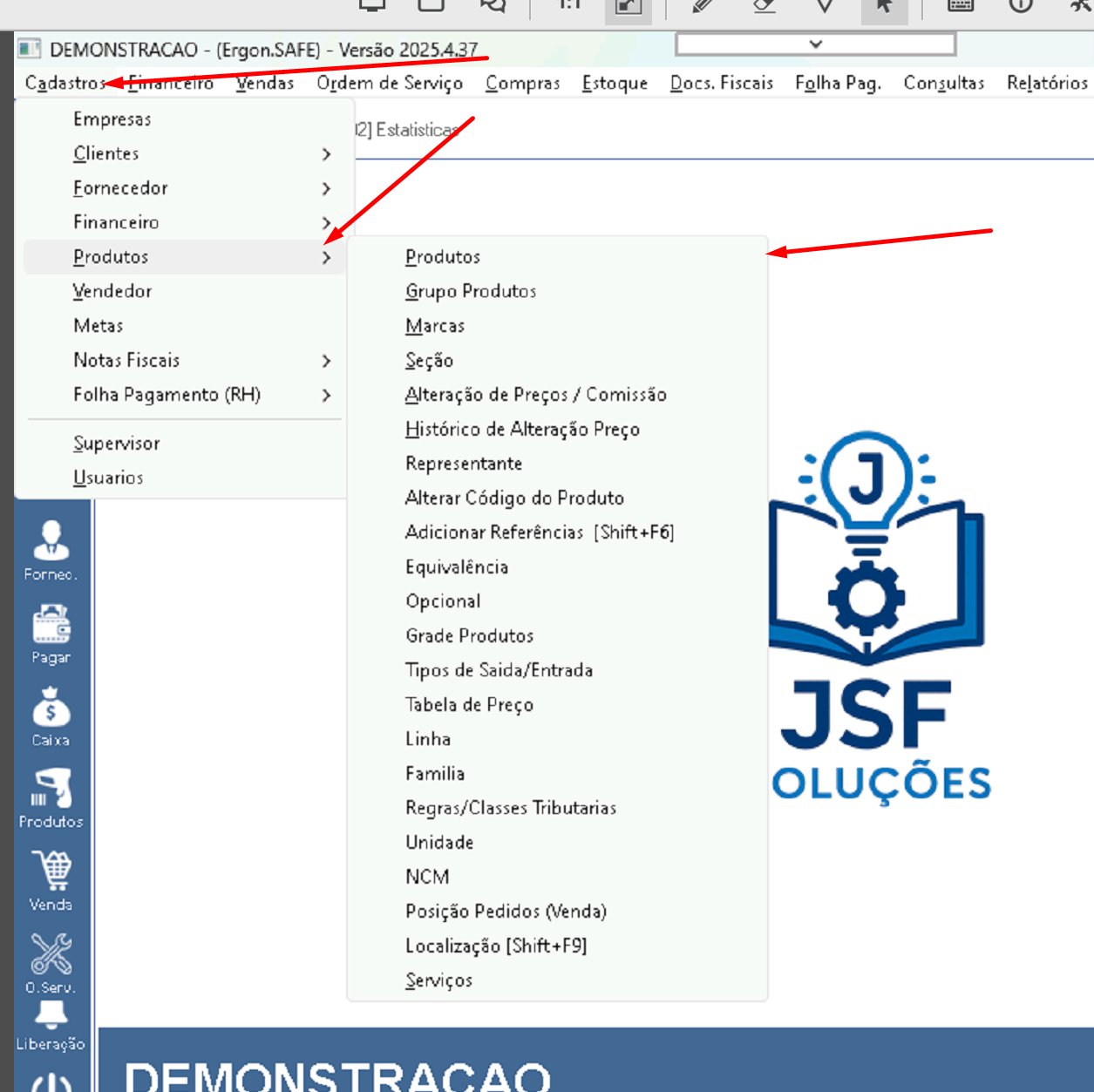 Acesso ao menu de produtos