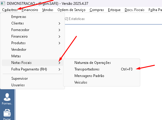 Acesso ao menu de Transportadoras