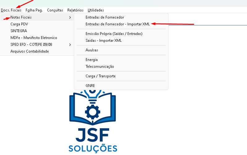 Menu de acesso à importação de XML