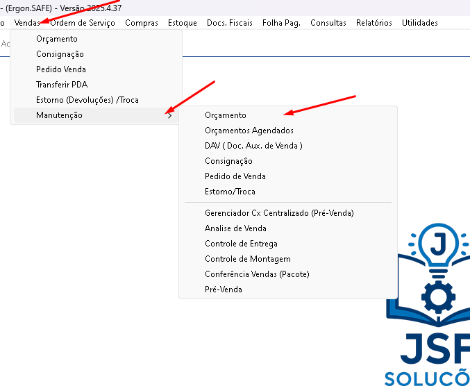 Acesso ao menu de manutenção de orçamento