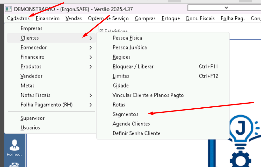 Acesso ao menu Segmentos
