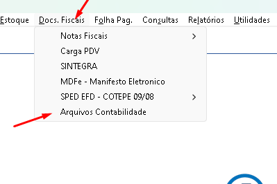 Menu Arquivos Contabilidade