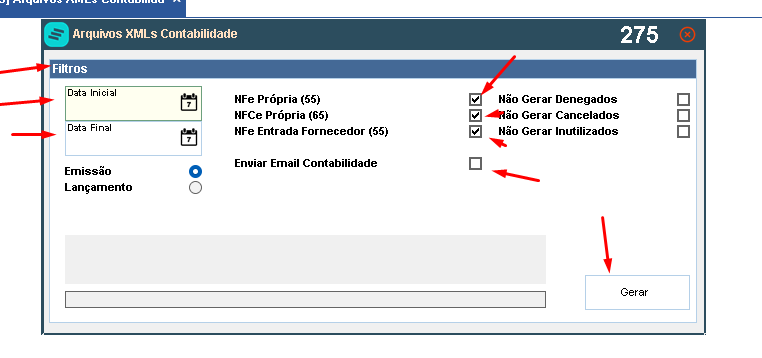 Tela Geração XMLs Contabilidade