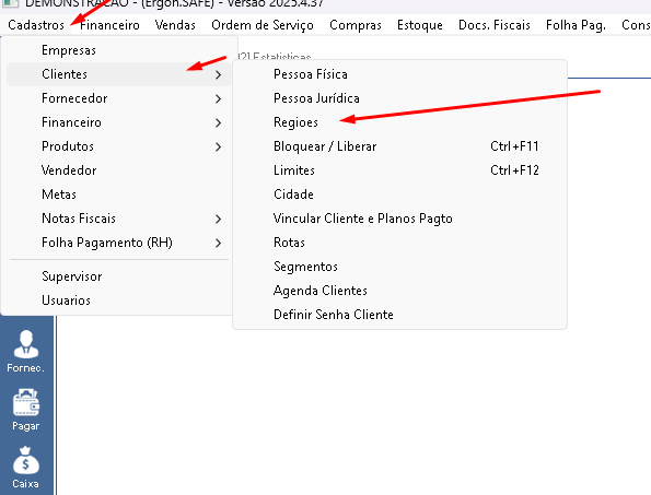 Menu de acesso - Cadastro de Regiões