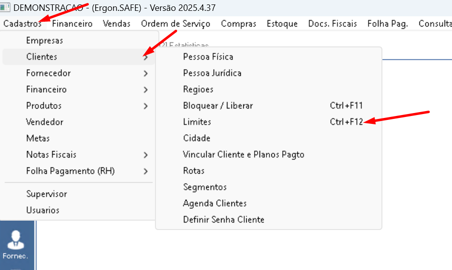 Acesso ao menu de Limites
