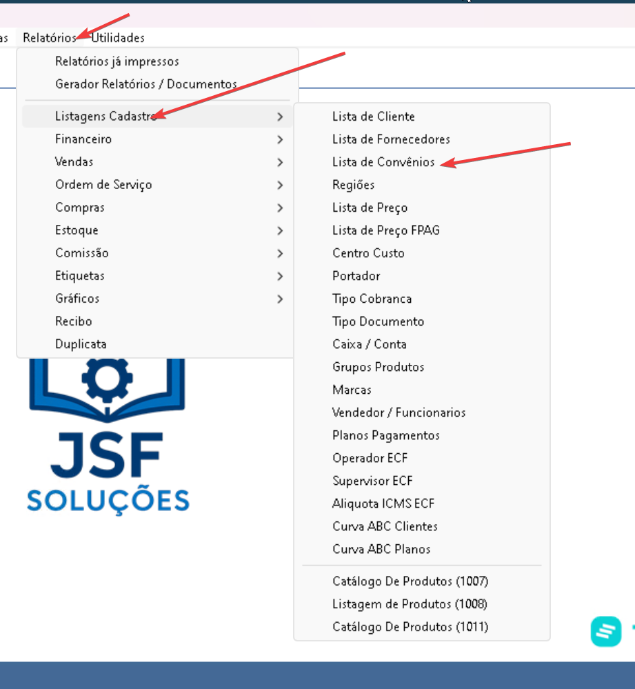 Caminho do menu até Lista de Convênios