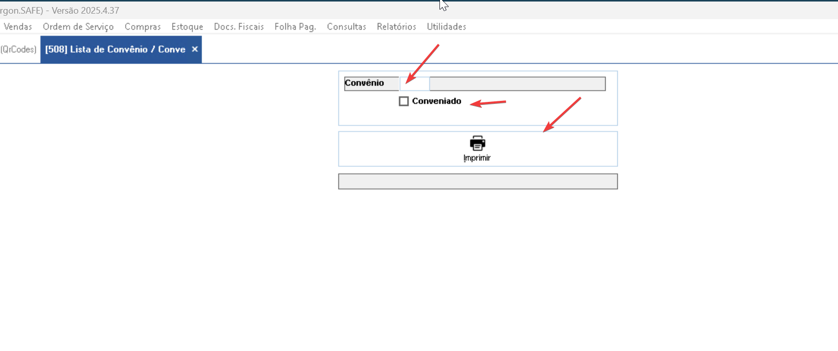 Tela de filtros do relatório Lista de Convênios