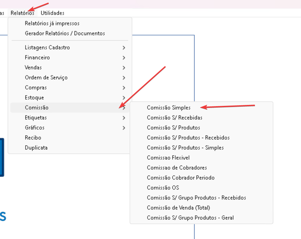 Menu Relatórios Comissão