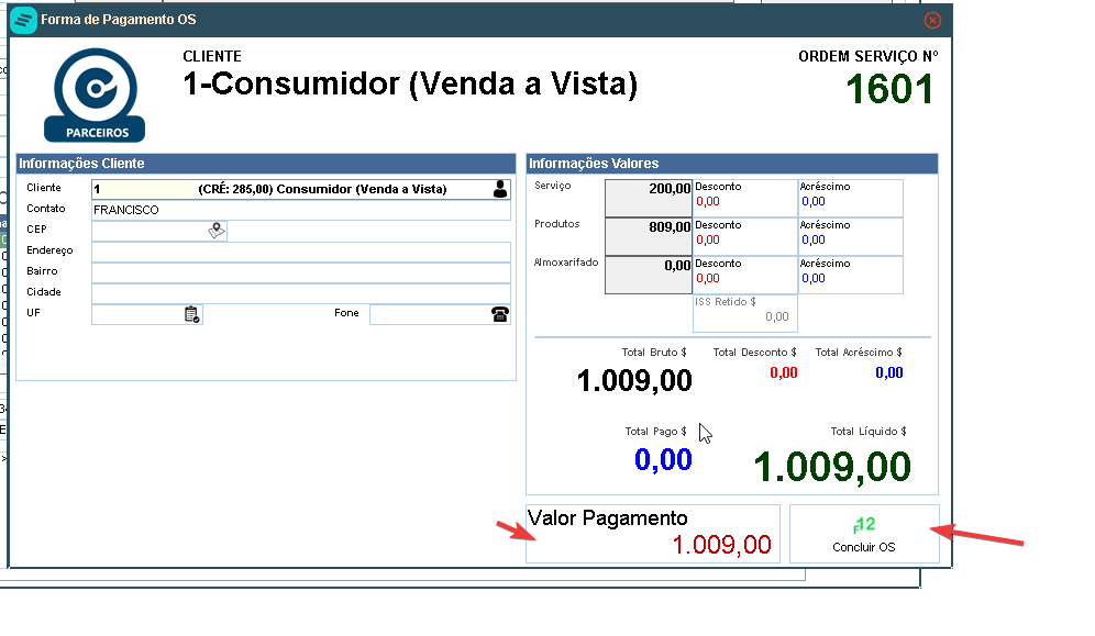 Valor e confirmação do pagamento