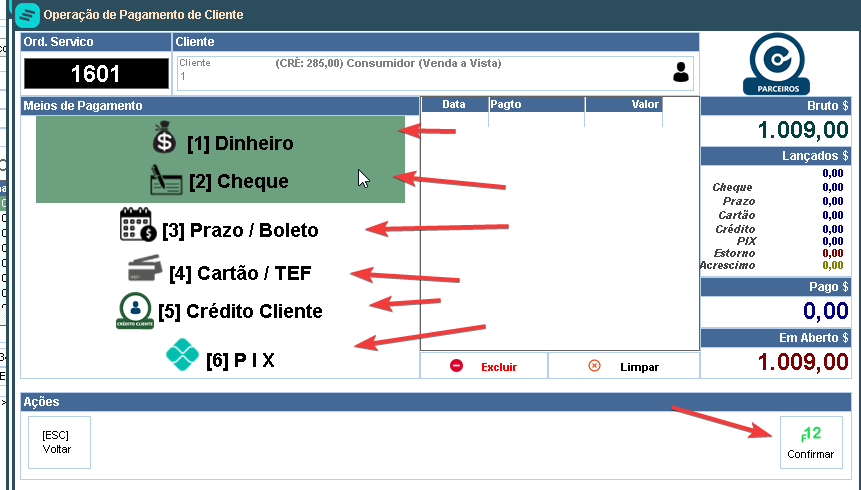 Formas de pagamento disponíveis