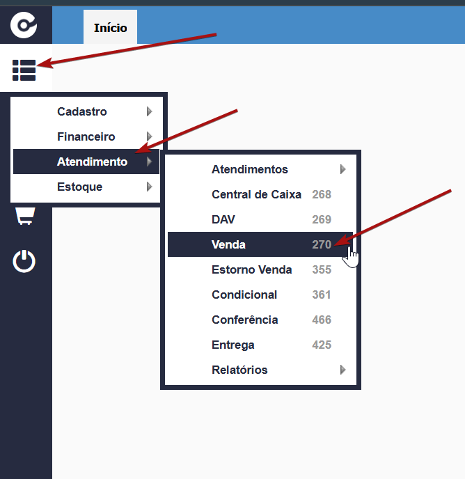 Menu Atendimento com opção Venda